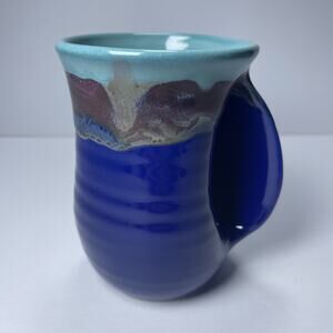 Hand Thrown Blue And Earth Tone Glaze Signed Pottery Hand Insert 2018 Coffee Mug